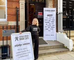 One of our librarians getting ready for the Human LIbrary Book Cafe in London outside the Society of Authors main entrance.