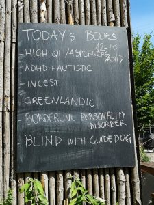 The list of books on loan at the Human Library Reading Garden in Copenhagen.